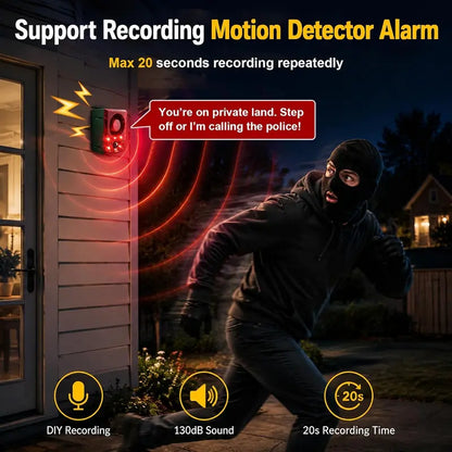 🎁Solar Motion Sensor Alarm with 130dB Siren, Flashing Light & Custom Recording