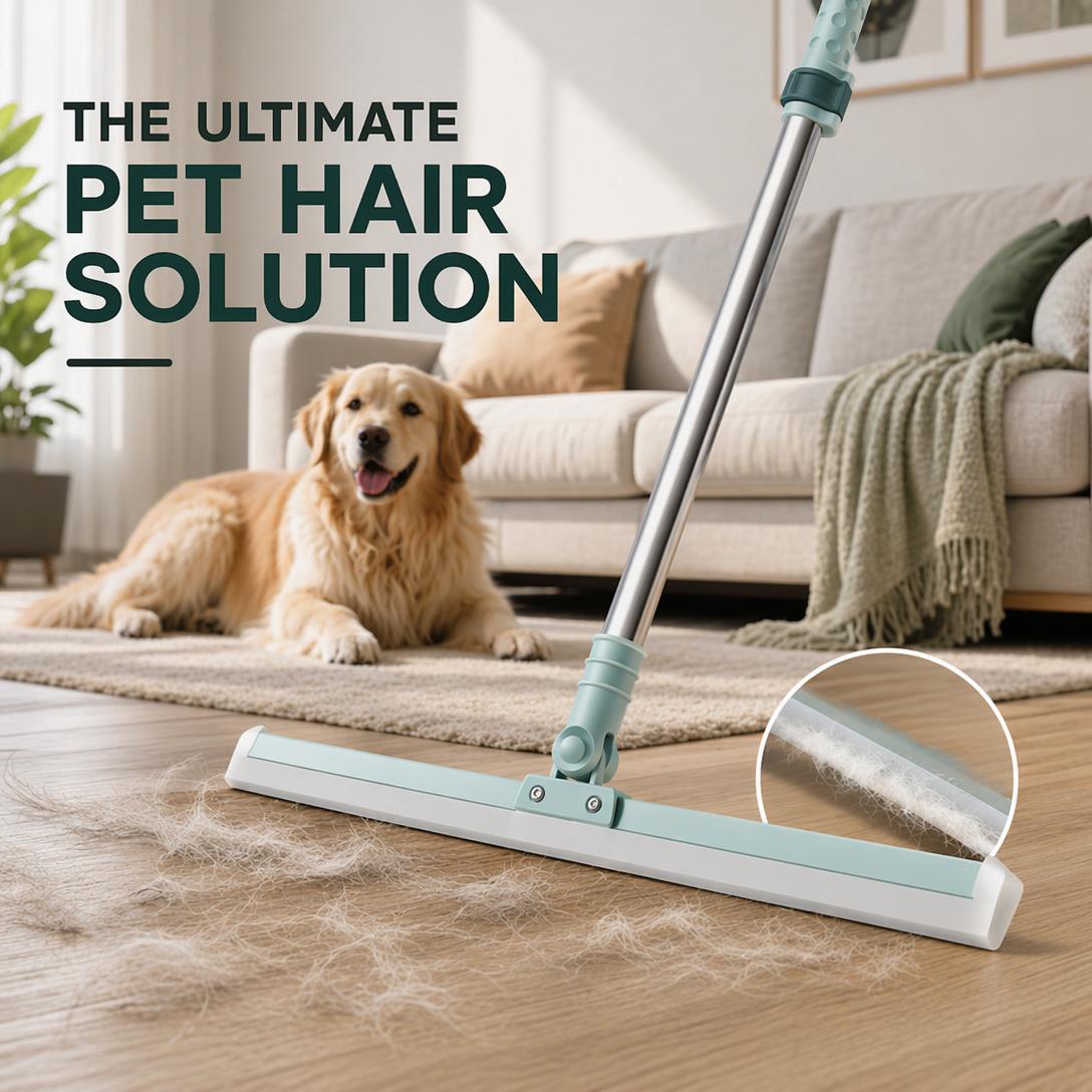 Multi-Surface Rubber Floor Sweeper with Extendable Handle – Removes Dust, Pet Hair & Water