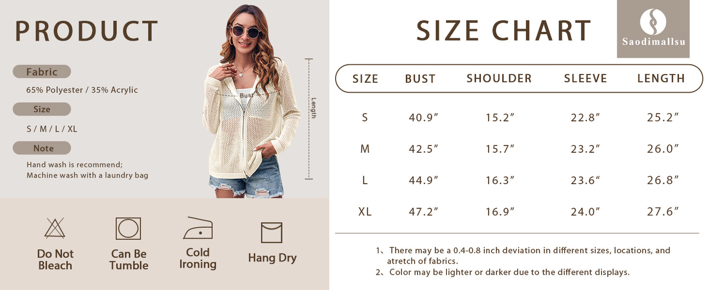 Women's Crochet Lightweight Cardigan Zip Up Hooded Long Sleeve Knit Sweater Mesh Beach Swim Cover Up