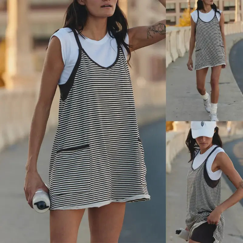 👗 Tanming Women’s Summer Athletic Mini Dress – Sleeveless V-Neck Striped Tennis Dress with Built-In Shorts ☀️🎾