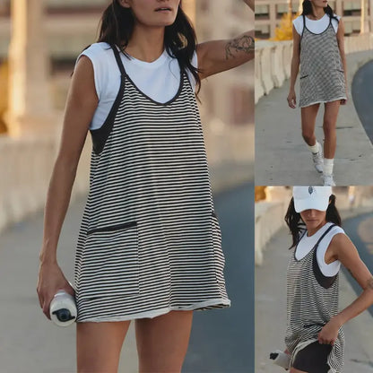👗 Tanming Women’s Summer Athletic Mini Dress – Sleeveless V-Neck Striped Tennis Dress with Built-In Shorts ☀️🎾
