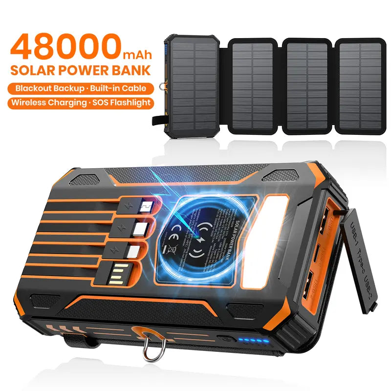 🎁48000mAh Solar Power Bank with Wireless Charging &amp; Built-In Cables