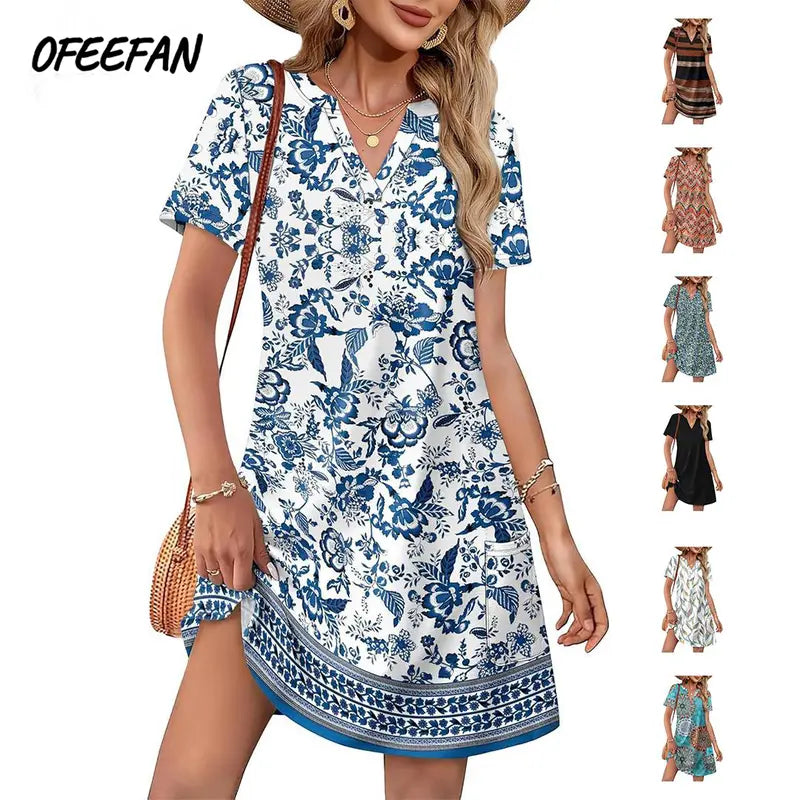 2026 Fashion Edition OFEEFAN Summer Dress – Women’s Casual V-Neck Short Sleeve Beach & Vacation Dress