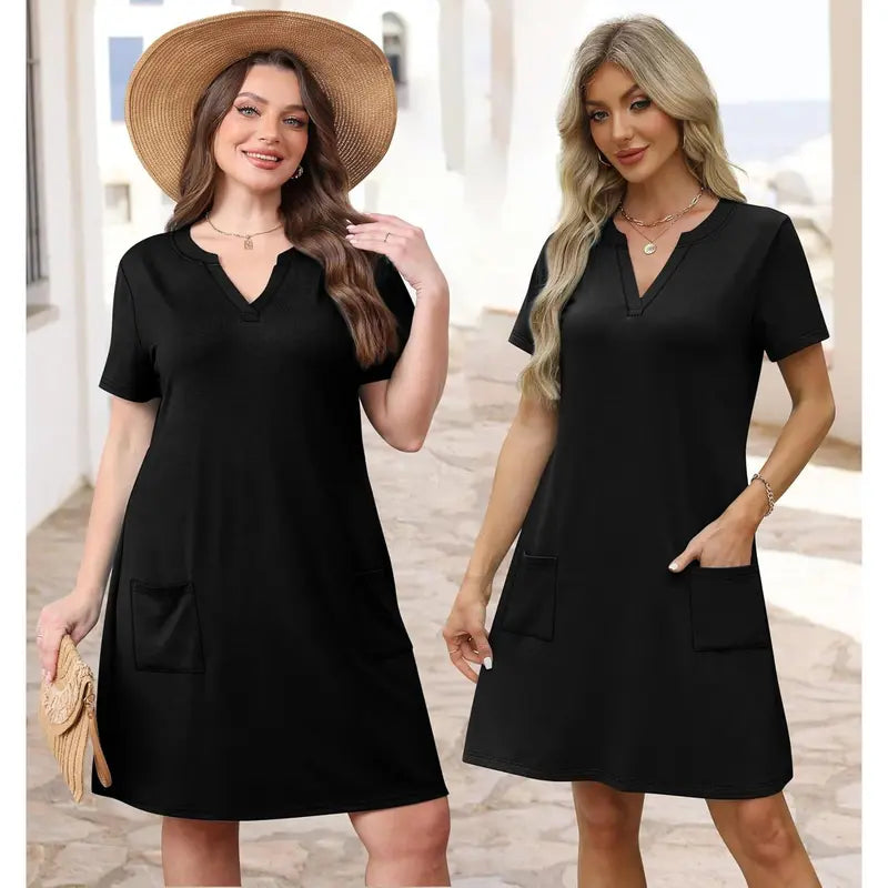 2026 Fashion Edition OFEEFAN Summer Dress – Women’s Casual V-Neck Short Sleeve Beach & Vacation Dress
