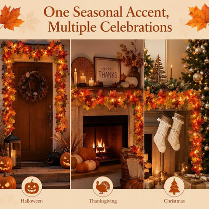 Fall Maple Leaf Lighted Garland For Thanksgiving & Holiday Decor