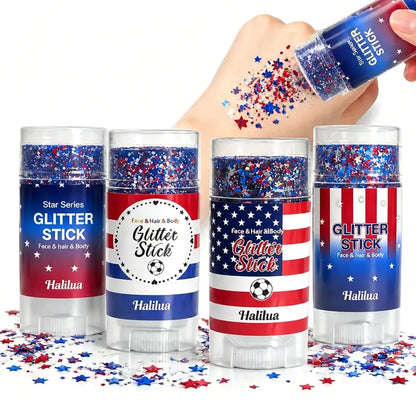 ✨ Self-Adhesive Glitter Stick – Red White & Blue Patriotic Body Makeup for 4th of July & Festivals