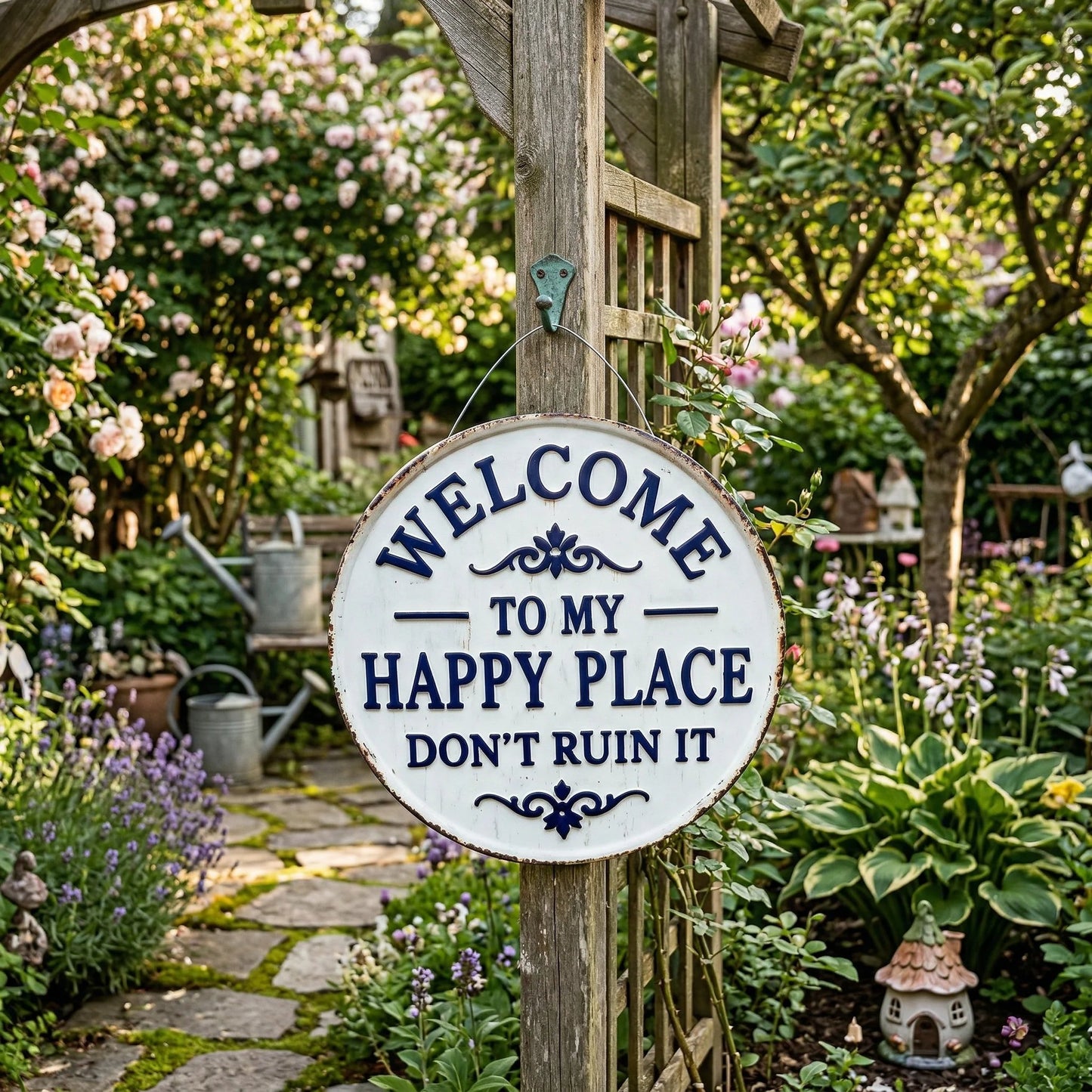 The "Happy Place" Boundary Sign – Funny Vintage Metal Wall Art , "Don’t Ruin It" Garden Decor ✨🏡