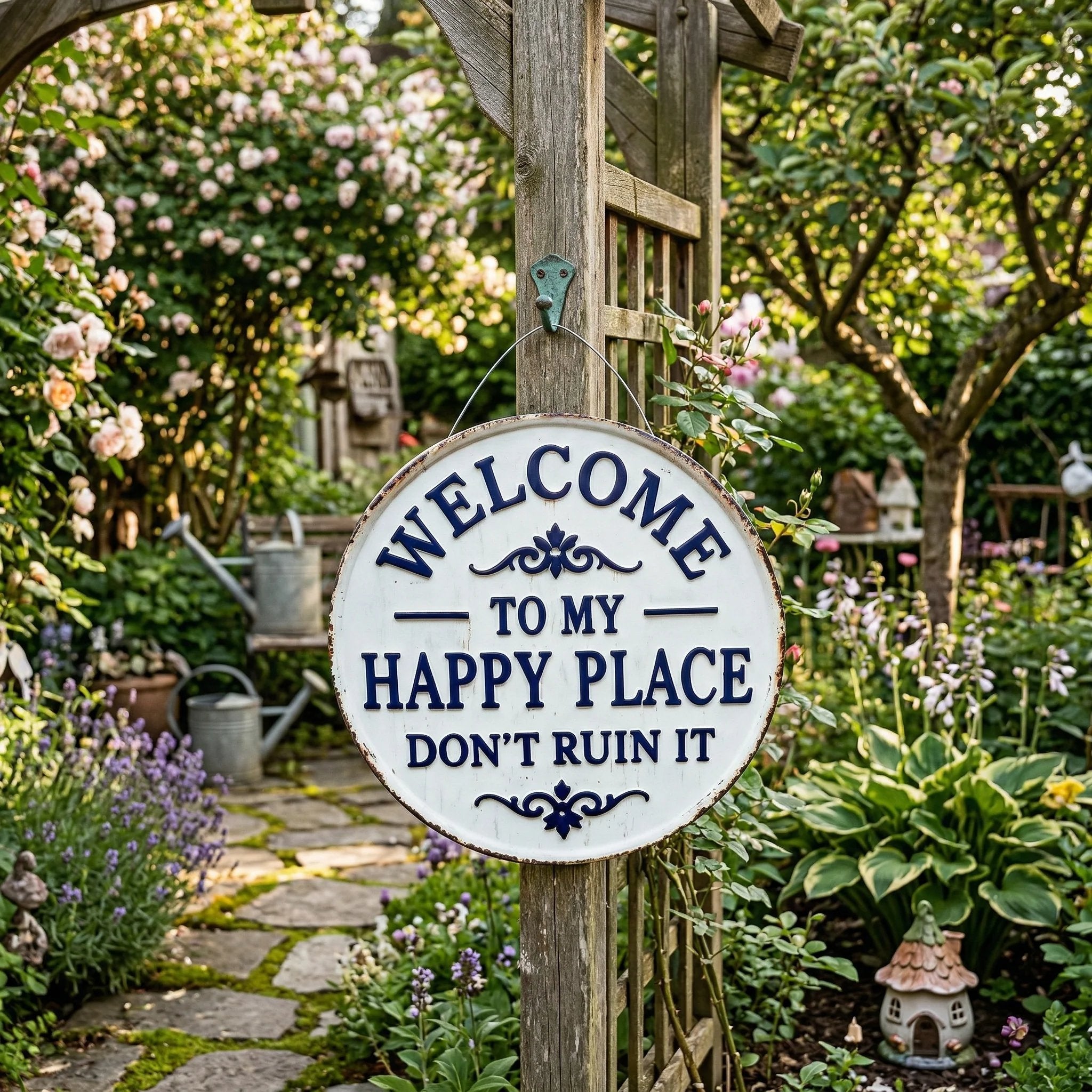 The "Happy Place" Boundary Sign – Funny Vintage Metal Wall Art , "Don’t Ruin It" Garden Decor ✨🏡