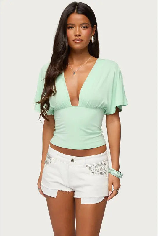 Deep V-Neck Ruffle Sleeve Fitted Corset Top