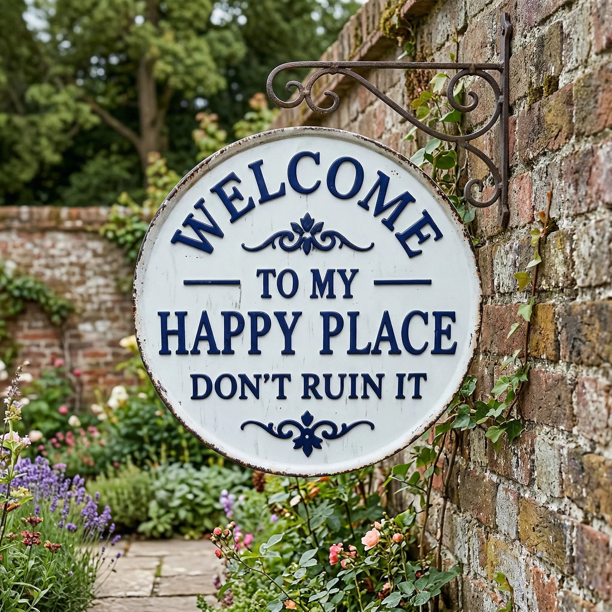 The "Happy Place" Boundary Sign – Funny Vintage Metal Wall Art , "Don’t Ruin It" Garden Decor ✨🏡