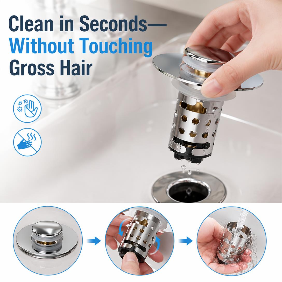 Universal 3-in-1 Bathroom Sink Drain Stopper with Removable Filter Basket