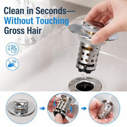 Universal 3-in-1 Bathroom Sink Drain Stopper with Removable Filter Basket