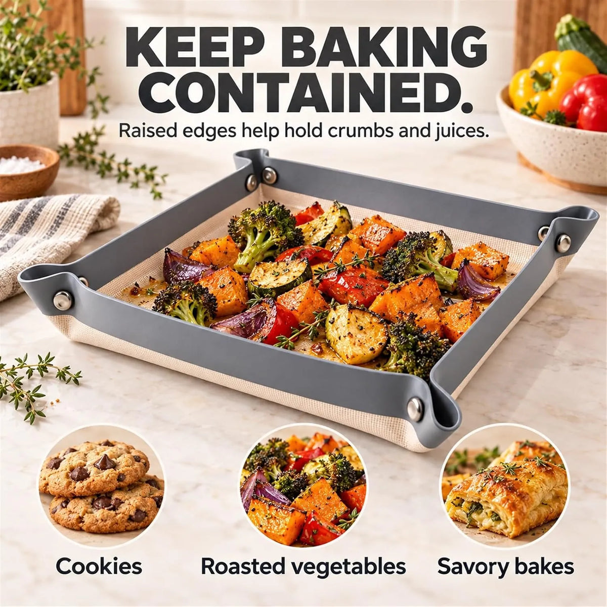 🎁Convertible Silicone Baking Mat with Snap Corners – Reusable Non-Stick Baking Tray Liner for Cookies, Bread, Vegetables & Pastry