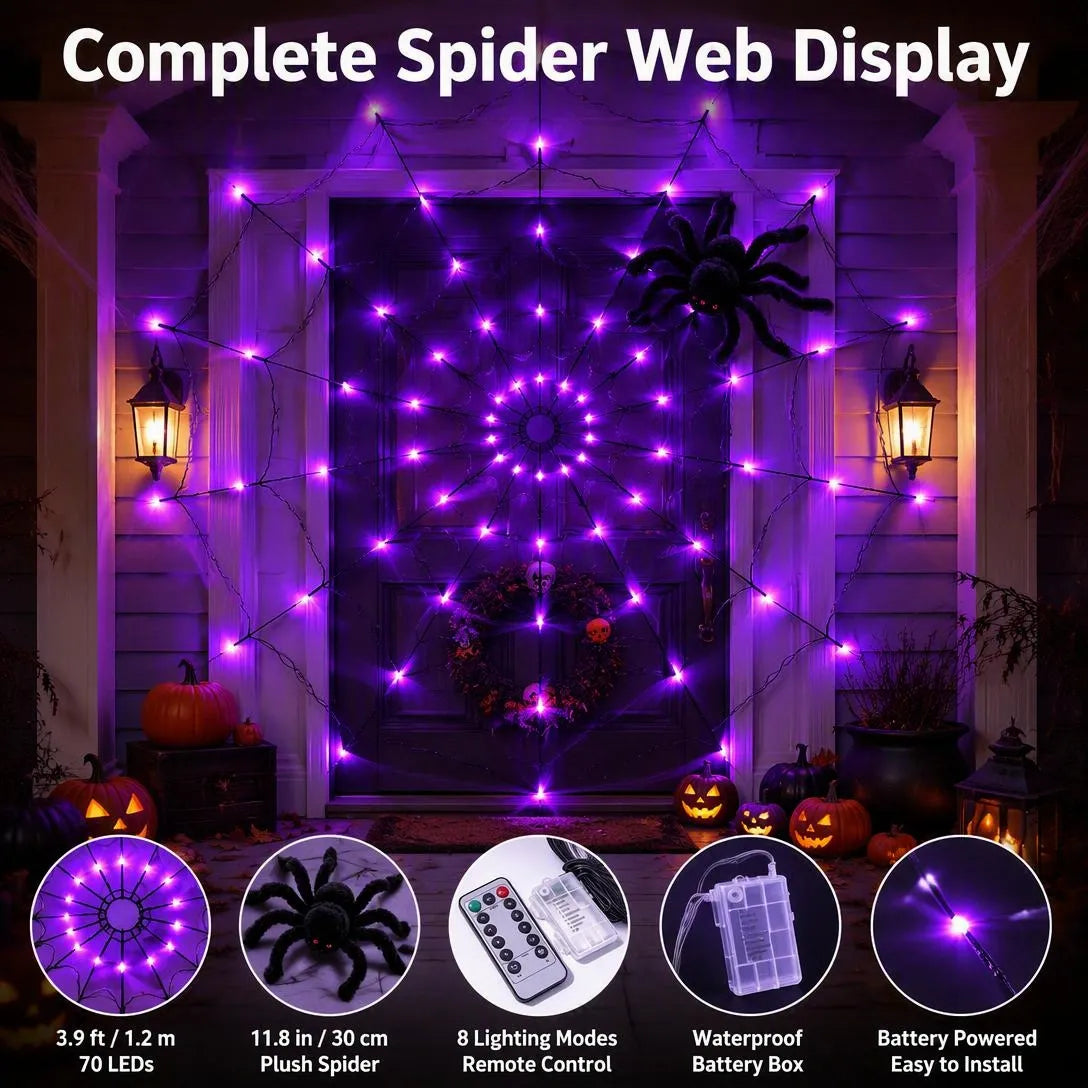 Purple LED Halloween Spider Web Lights With Spider