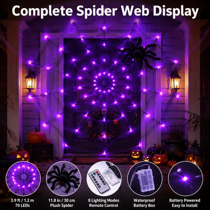 Purple LED Halloween Spider Web Lights With Spider