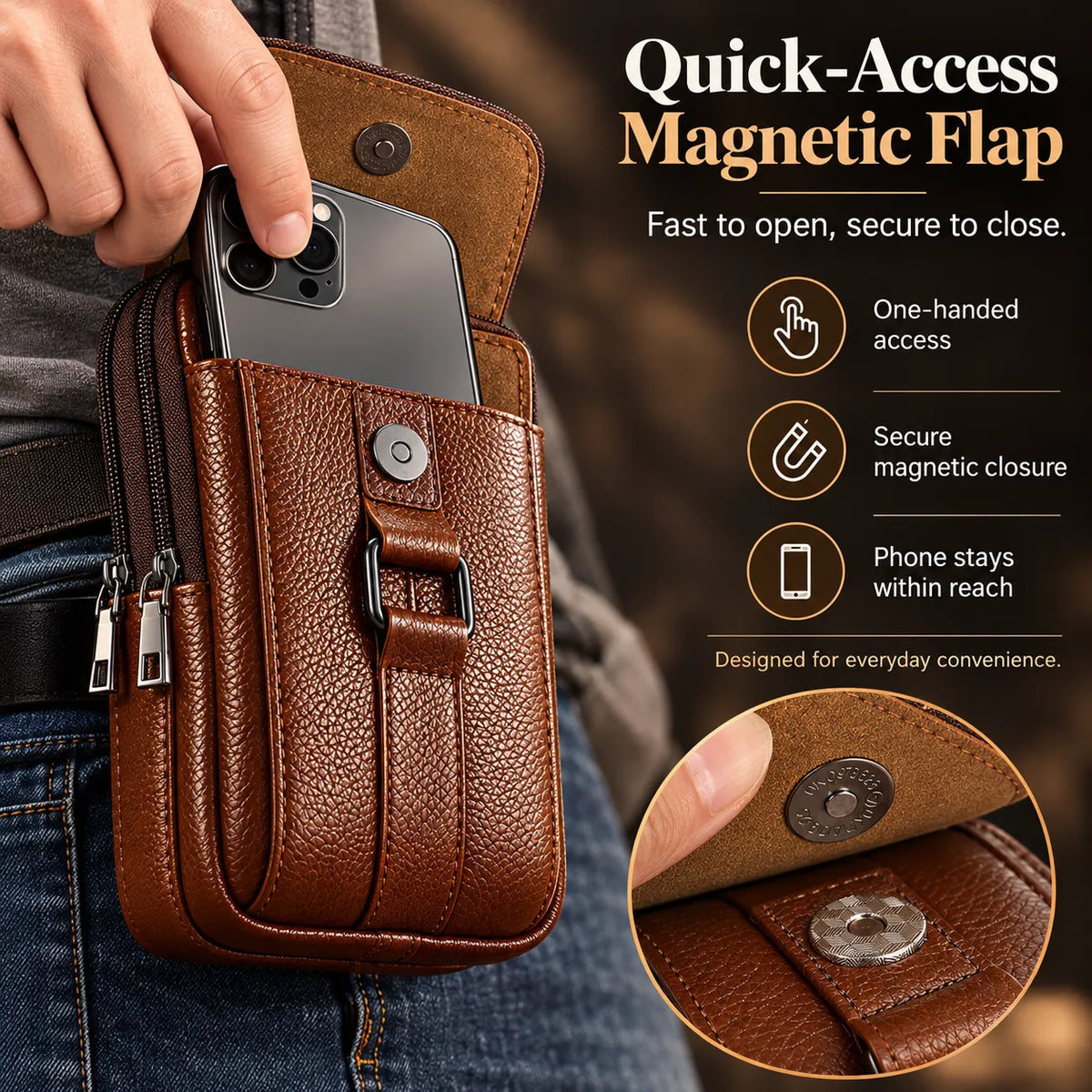 🎁Men’s Leather Phone Bag with 3 Compartments, Magnetic Flap & Adjustable Crossbody Strap