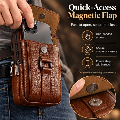 🎁Men’s Leather Phone Bag with 3 Compartments, Magnetic Flap & Adjustable Crossbody Strap