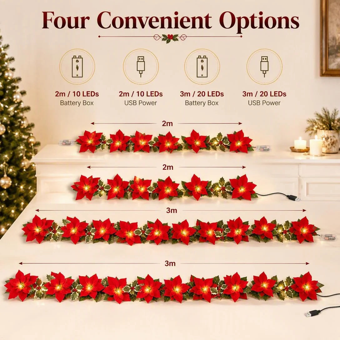 LED Poinsettia Christmas Garland Lights for Holiday Decor