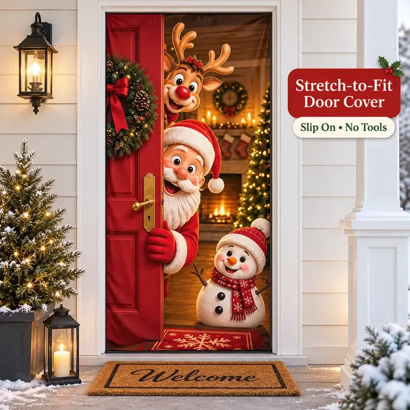 🎁Stretch Christmas Door Cover with Santa &amp; Reindeer Print
