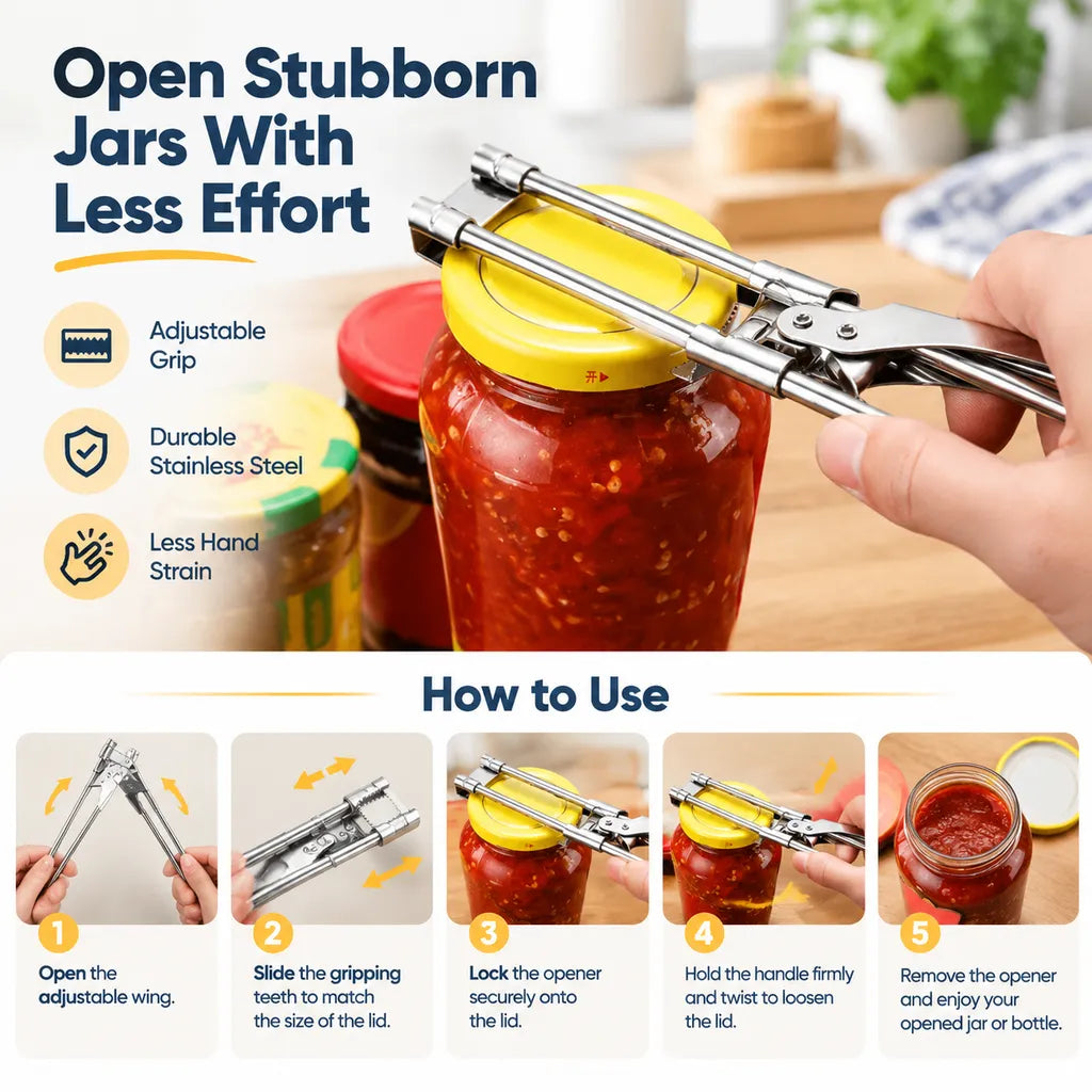🎁Adjustable Stainless Steel Jar Opener – Easy-Grip Lid & Bottle Opener