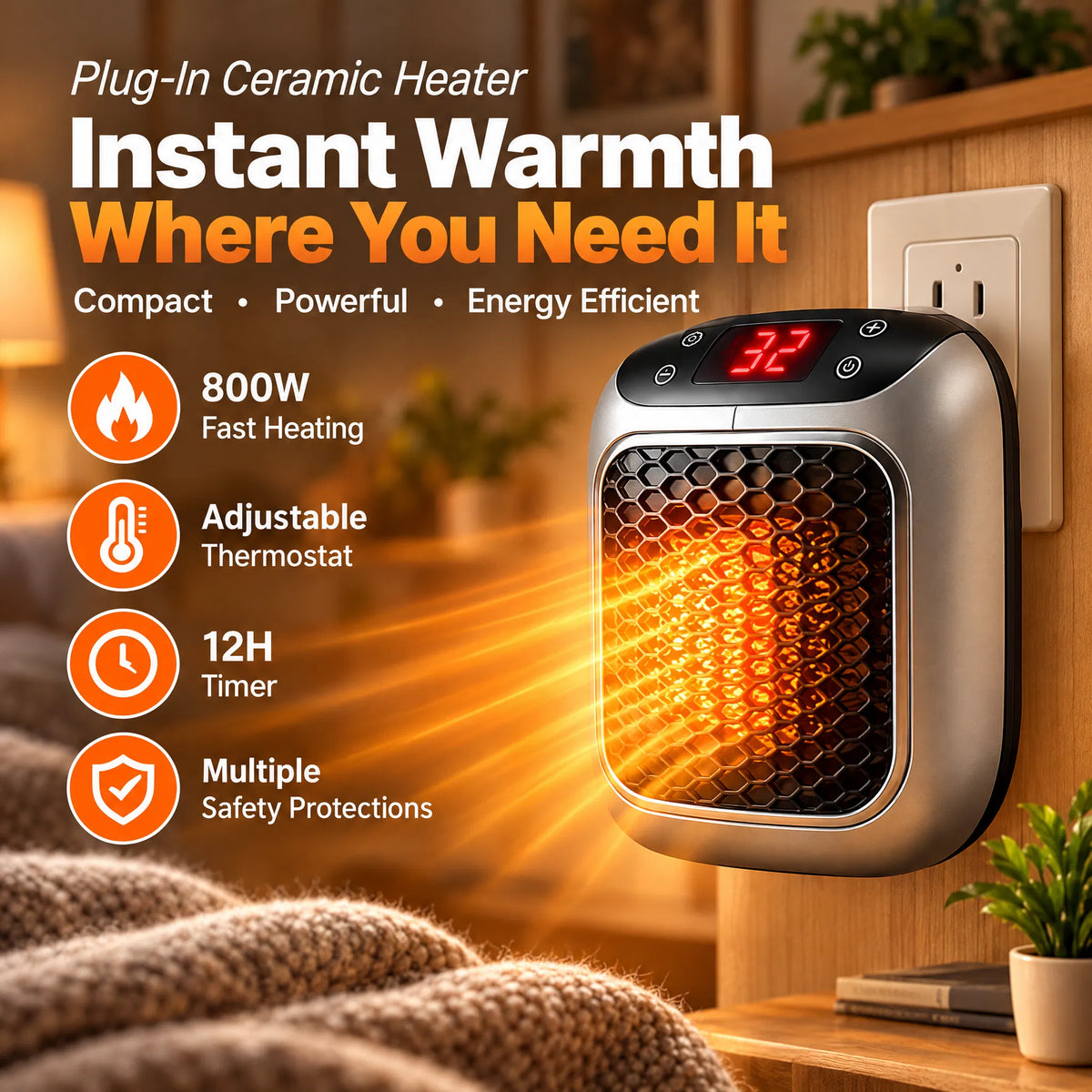 🎁Plug-In Ceramic Heater with Remote Control & Smart Thermostat