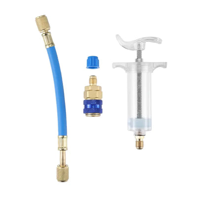 Kit inyector manual de 30 ml (1 oz) de aceite AC y tinte UV con acoplador rápido SAE de 1/4" para sistemas de aire acondicionado automotriz y HVAC