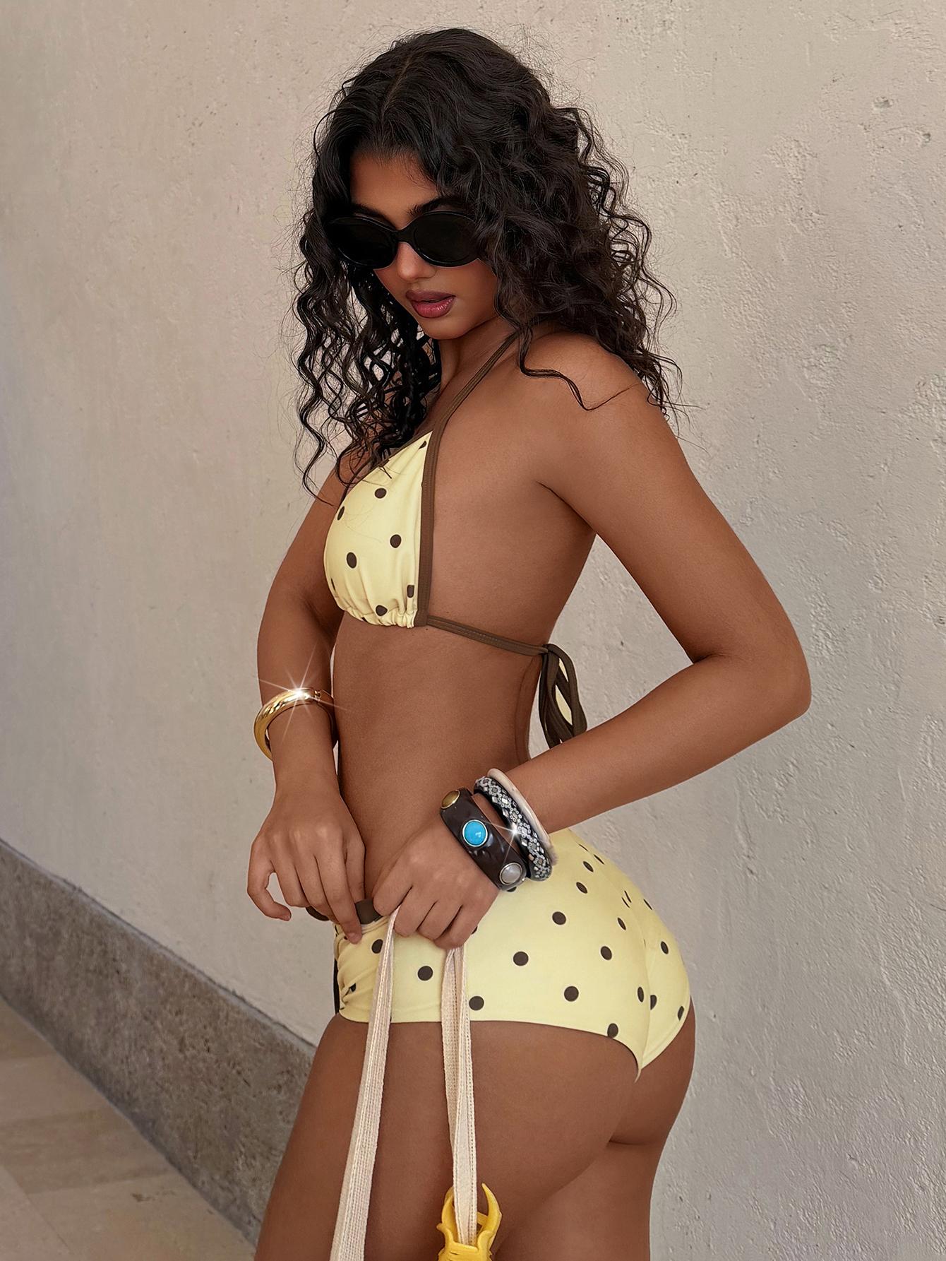 PEPPERMOLLY Women’s 2-Piece Retro Yellow Polka Dot Bikini Set – Y2K Color Block Beachwear & Vacation Outfit