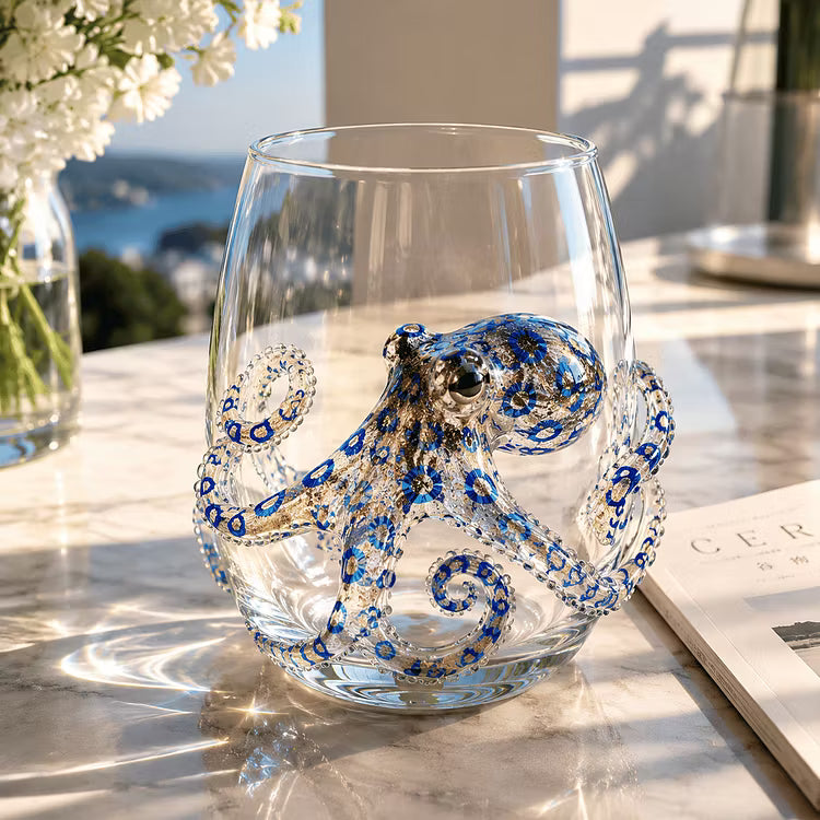 Hand-Blown Blue-Ringed Octopus Glass – 3D Artisan Borosilicate Cocktail Tumbler, 12oz Coastal Drinkware