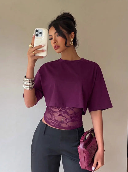 🎉Cropped Short T-shirt with Lace Splicing, Loose Layered Design, Sexy Daily Commute Wear Summer