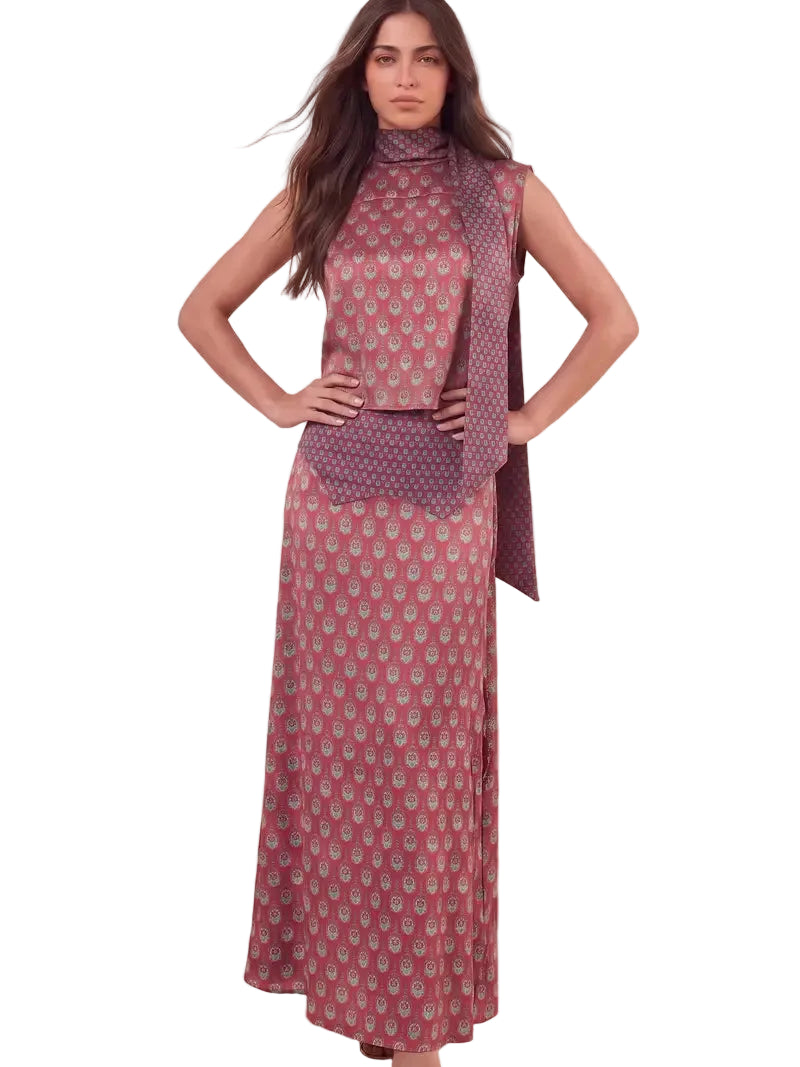 Elegant Retro Print Satin Two-Piece Set – Sleeveless Scarf Neck Halter Top & Flowing Maxi Skirt