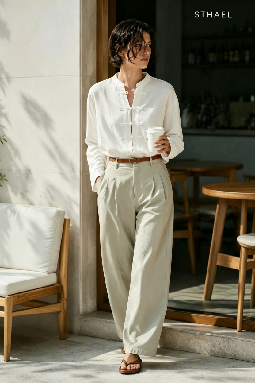 Women’s Linen-Blend Oversized Shirt with Frog Fastening