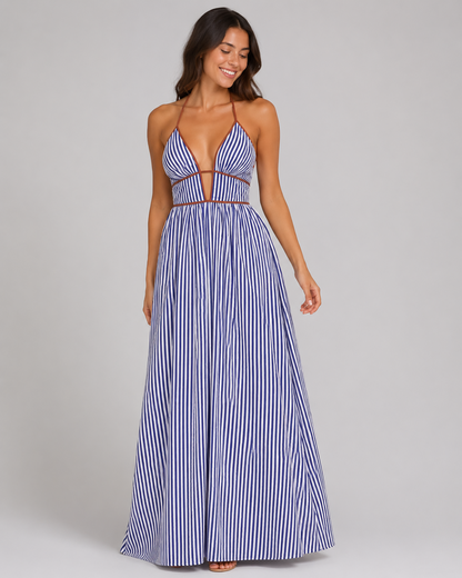 Women’s French Striped Halter Maxi Dress – Deep V-Neck Summer Vacation Dress