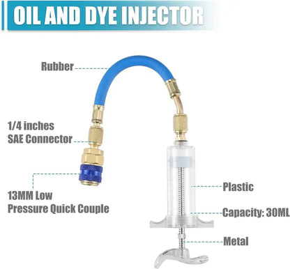 30ml (1 Oz) Manual AC Oil & UV Dye Injector Kit with 1/4" SAE Quick Coupler for Automotive & HVAC Air Conditioning Systems