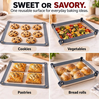 🎁Convertible Silicone Baking Mat with Snap Corners – Reusable Non-Stick Baking Tray Liner for Cookies, Bread, Vegetables & Pastry