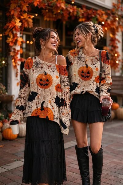 🎁Women’s Halloween Pumpkin Bat Knit Sweater