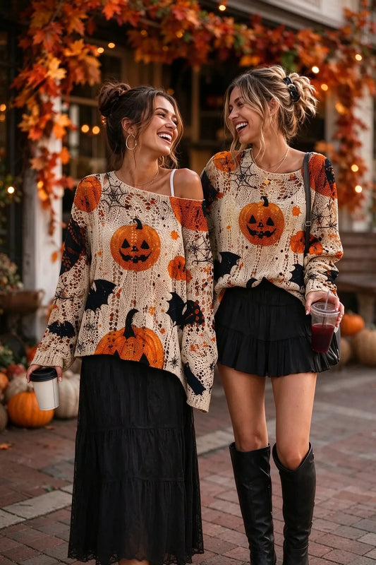 🎁Women’s Halloween Pumpkin Bat Knit Sweater