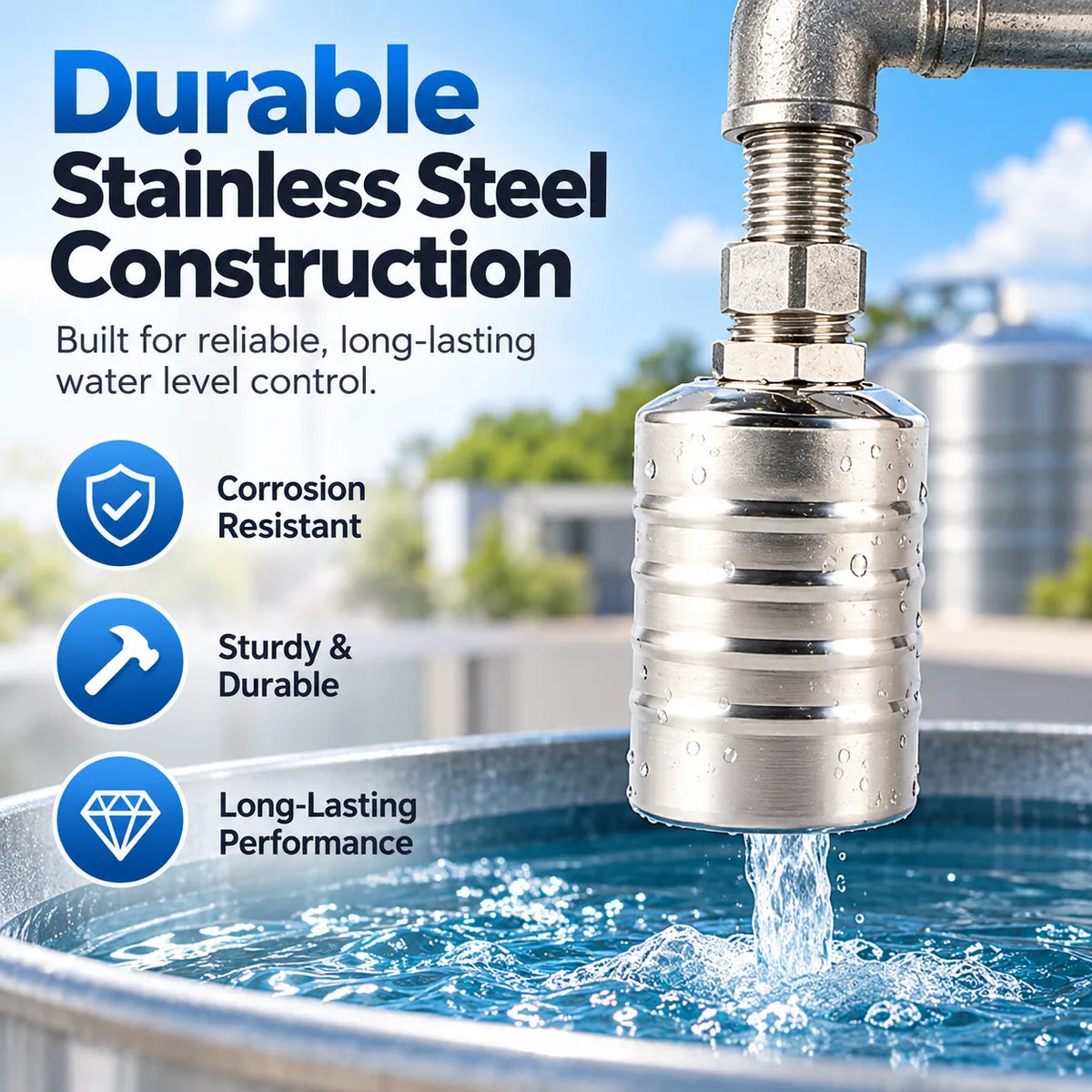 🎁Automatic Stainless Steel Water Float Valve – Compact Self-Regulating Water Level Controller with Automatic Shut-Off for Water Tanks, Pools & Storage Systems