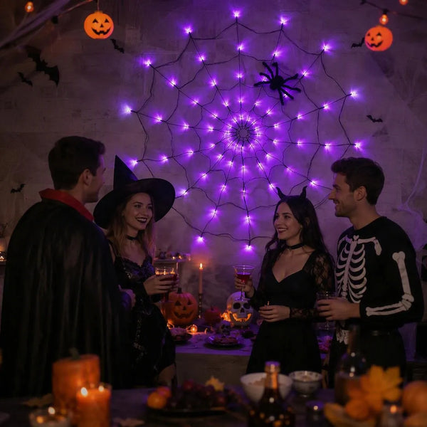 Purple LED Halloween Spider Web Lights With Spider