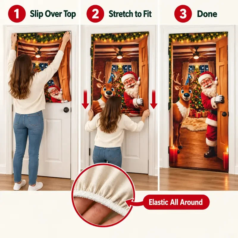 🎁Stretch Christmas Door Cover with Santa &amp; Reindeer Print