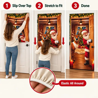 🎁Stretch Christmas Door Cover with Santa &amp; Reindeer Print