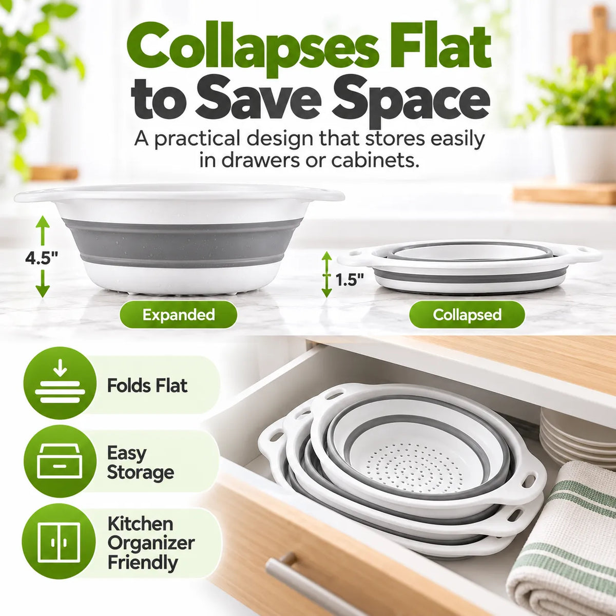 🎁3-Piece Collapsible Colander Set with Self-Draining Base