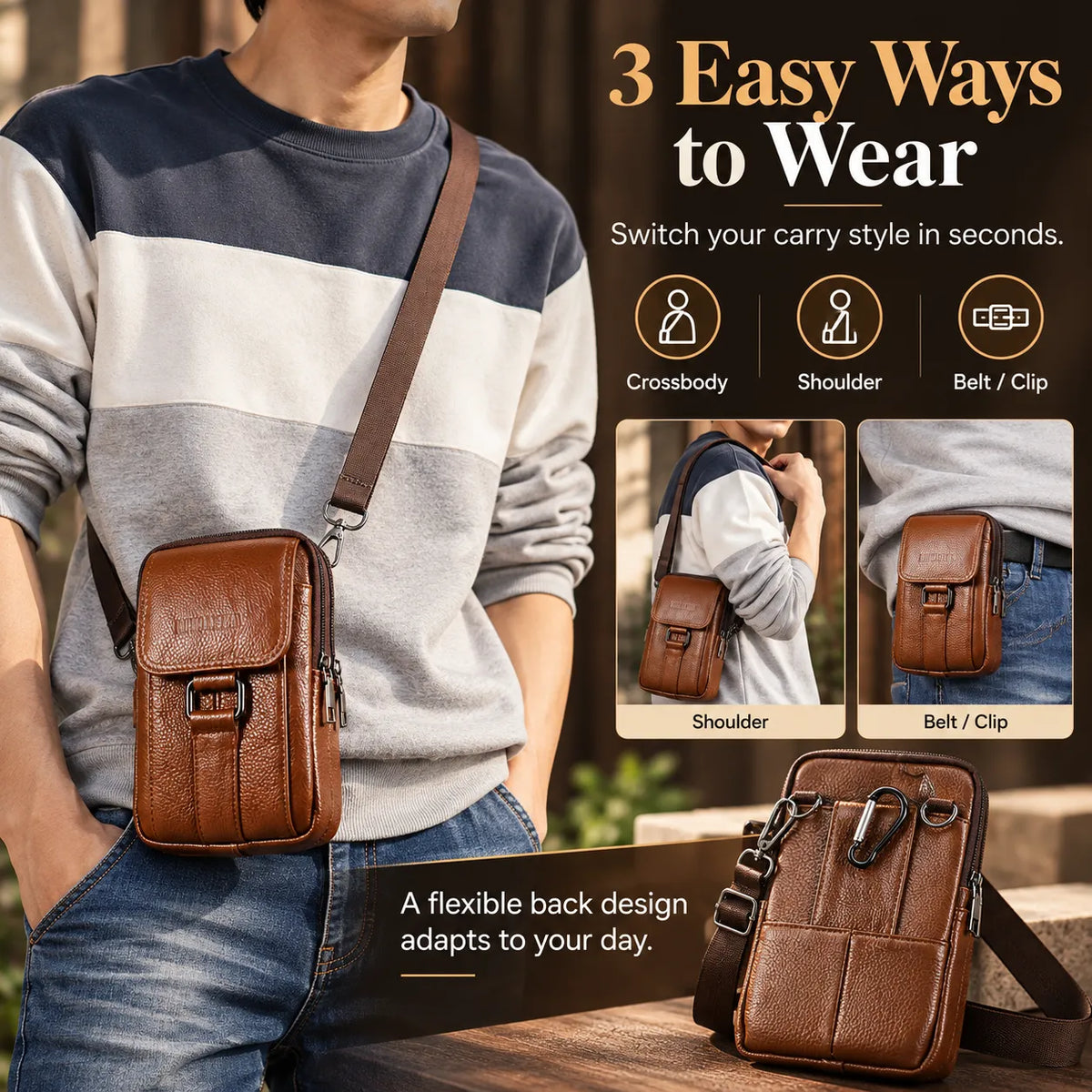 🎁Men’s Leather Phone Bag with 3 Compartments, Magnetic Flap & Adjustable Crossbody Strap