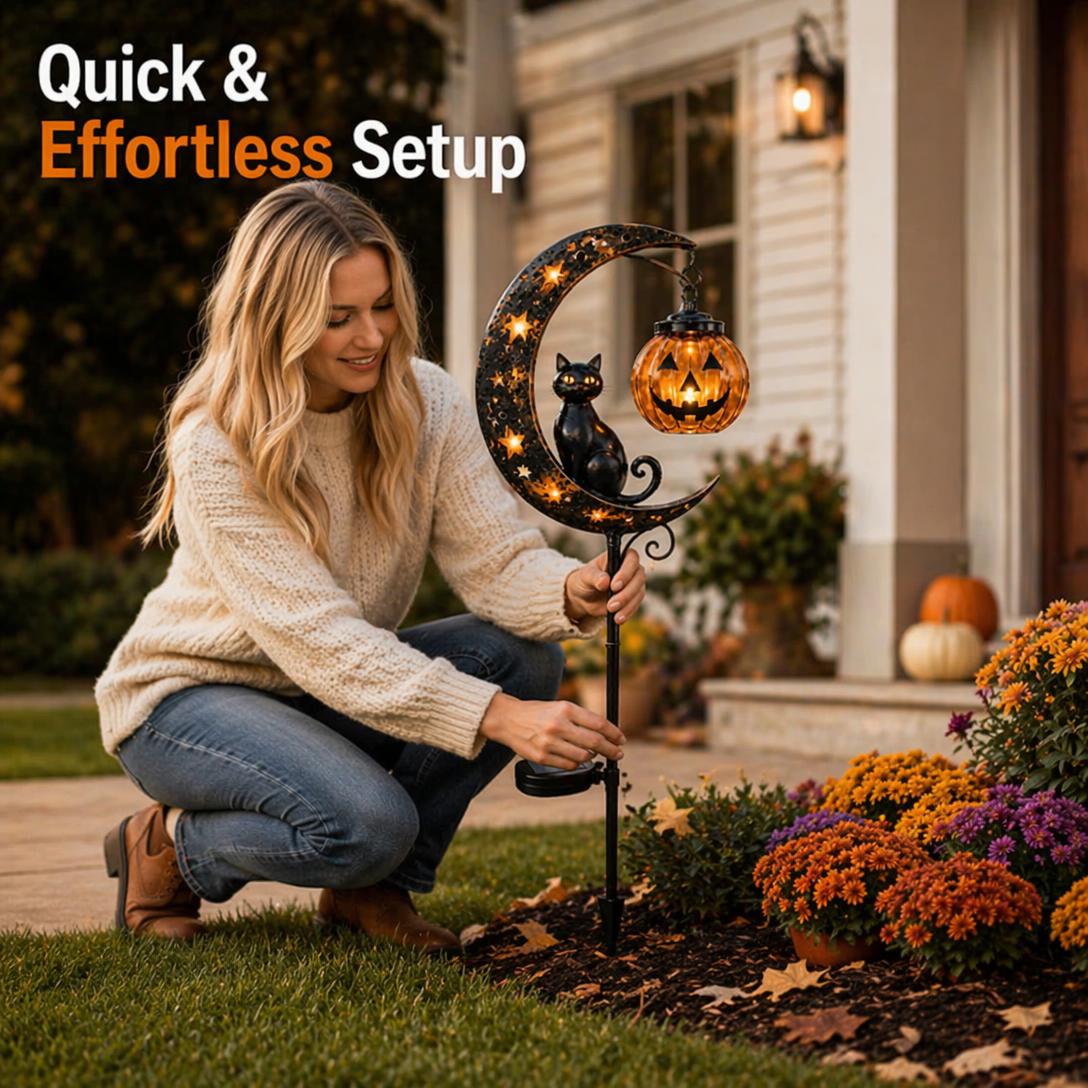 Solar Halloween Garden Stake Light with Glowing Pumpkin & Black Cat Outdoor Yard Decoration