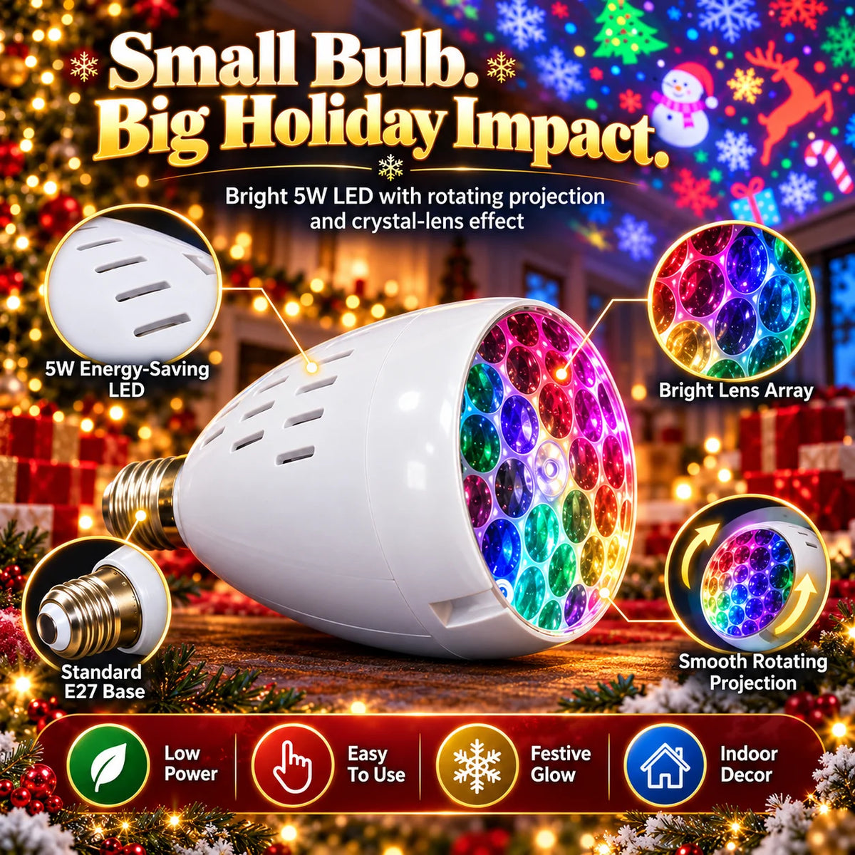 🎁E27 Rotating Christmas Snowflake Projector Light Bulb
