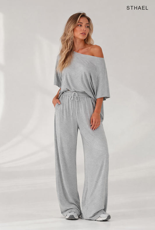 Damen schulterfreies Oberteil und weite Hose Set