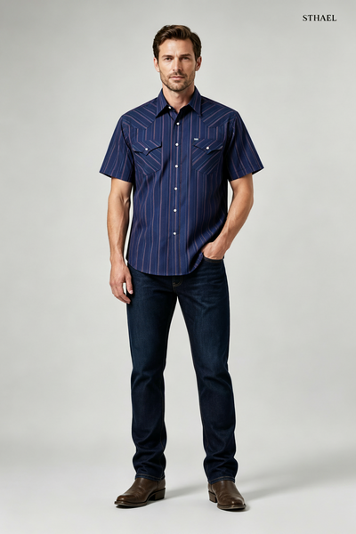 Men’s Striped Western Snap Shirt – Short Sleeve Workwear