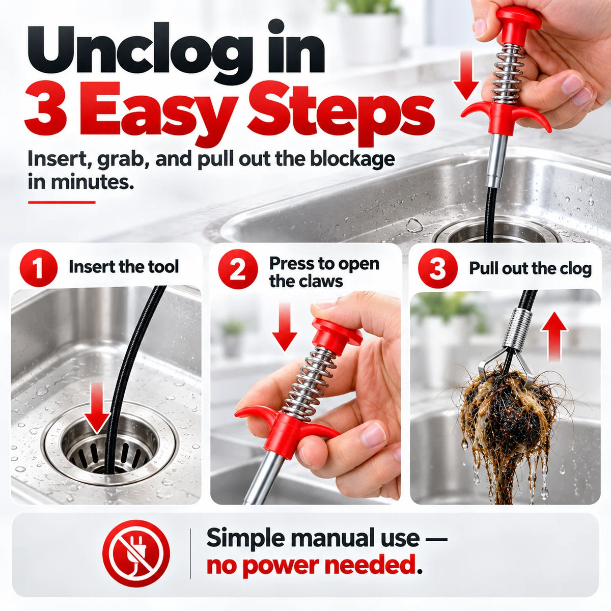 🎁Flexible Four-Claw Drain Grabber &amp; Clog Remover Tool