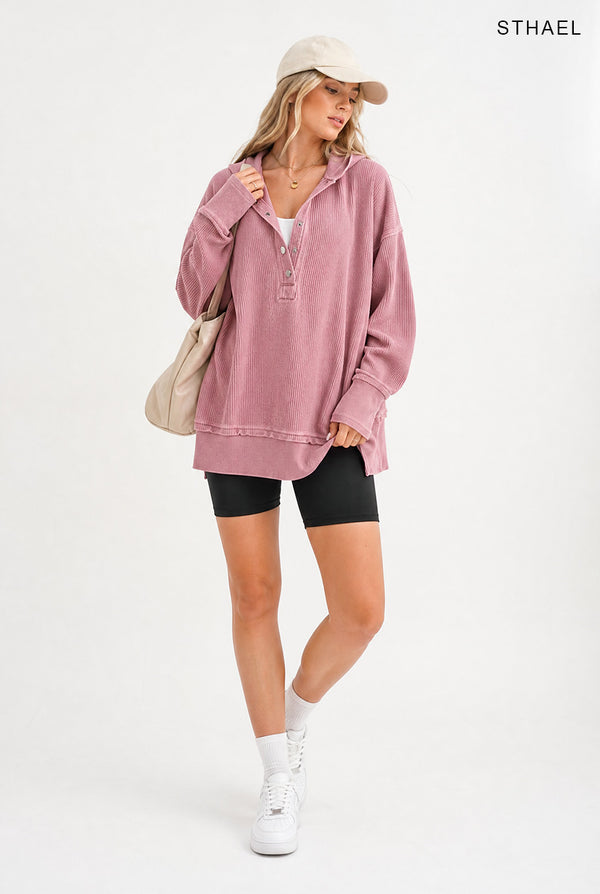 Women's Oversized V-Neck Button Hoodie Pullover