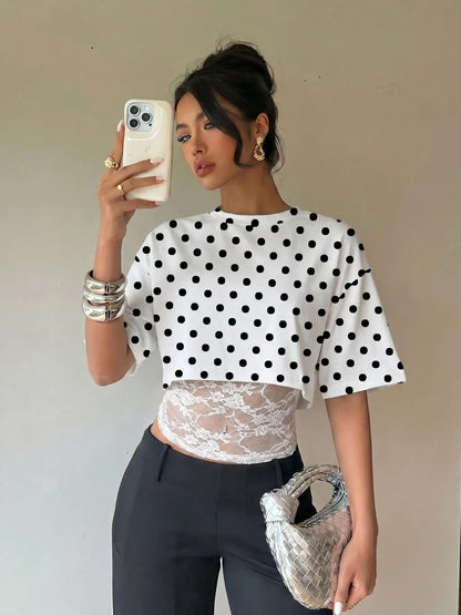 🎉Cropped Short T-shirt with Lace Splicing, Loose Layered Design, Sexy Daily Commute Wear Summer