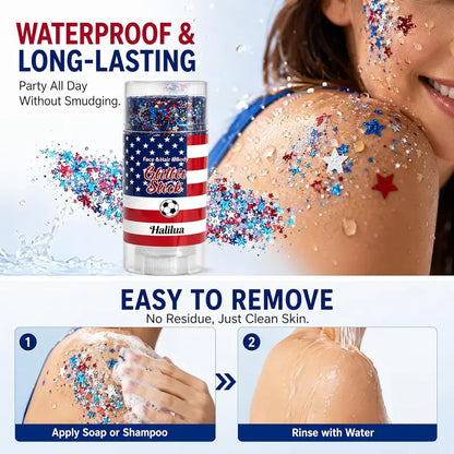 ✨ Self-Adhesive Glitter Stick – Red White & Blue Patriotic Body Makeup for 4th of July & Festivals